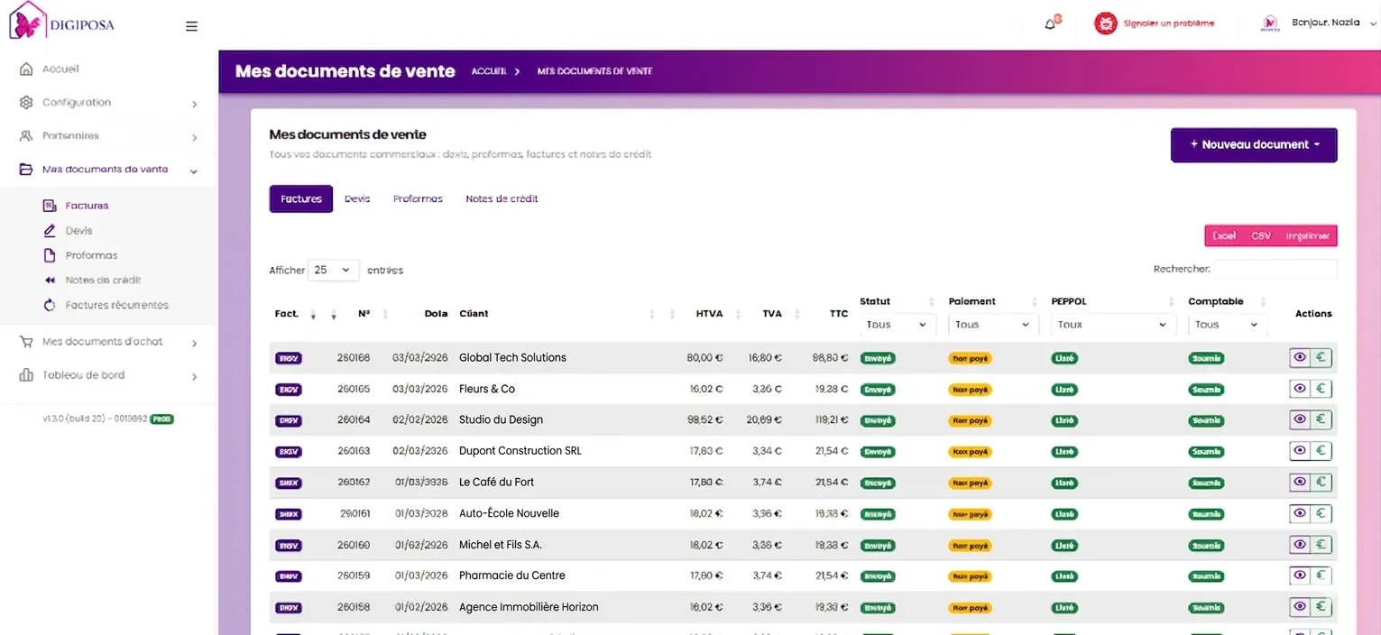 Digiposapp Dashboard - List of invoicing documents